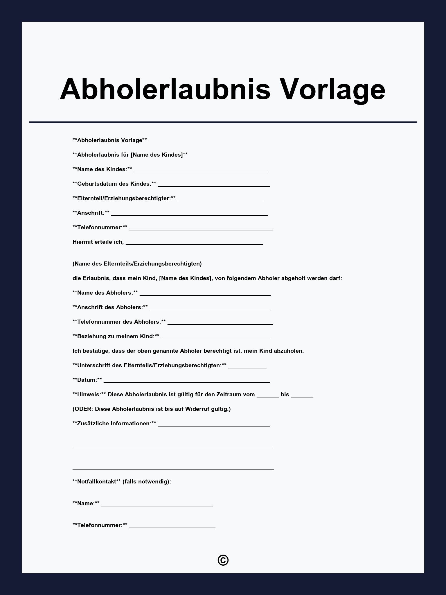 Abholerlaubnis Vorlage