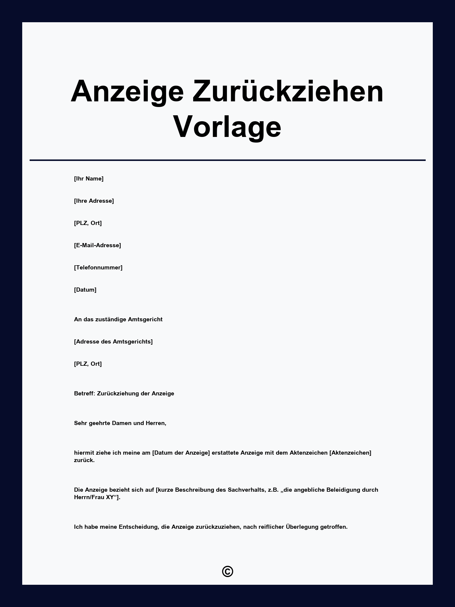 Anzeige Zurückziehen Vorlage