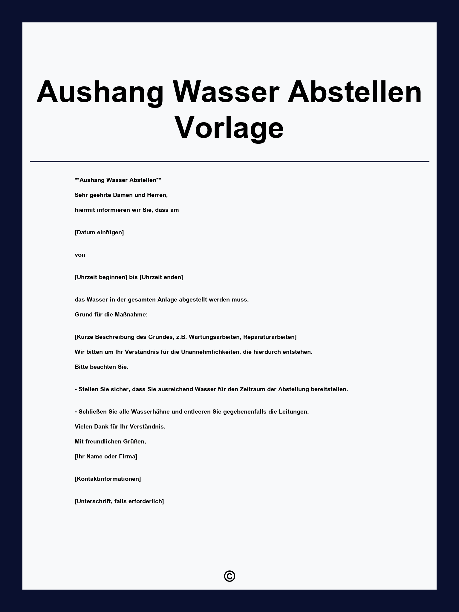 Aushang Wasser Abstellen Vorlage