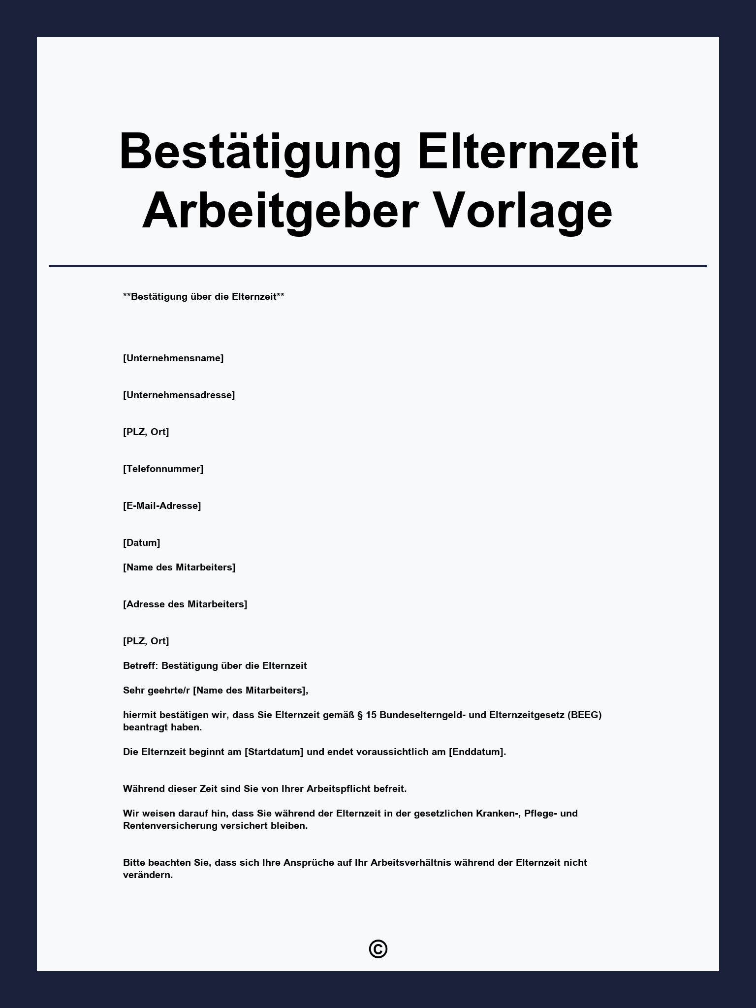 Bestätigung Elternzeit Arbeitgeber Vorlage