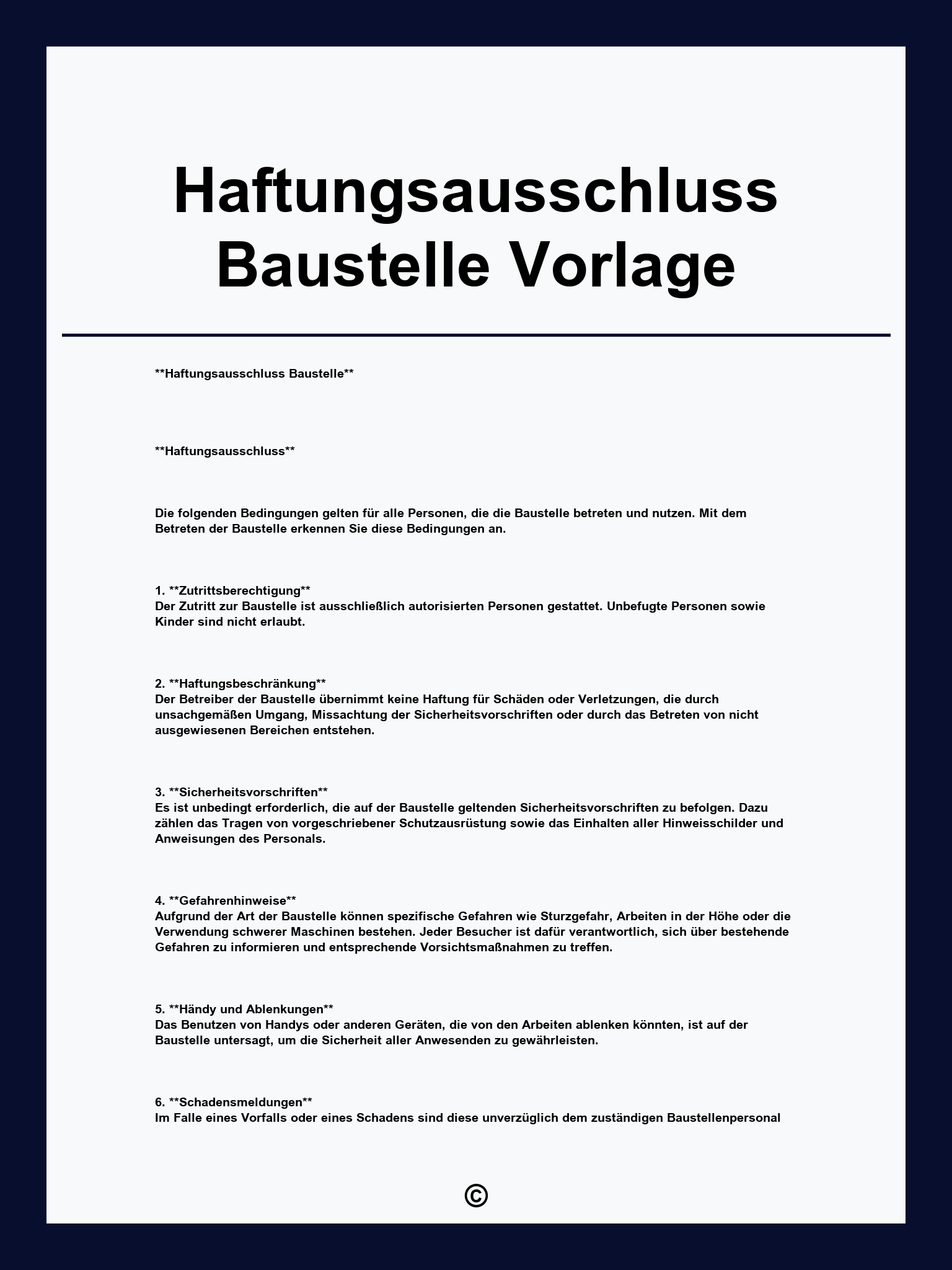 Haftungsausschluss Baustelle Vorlage