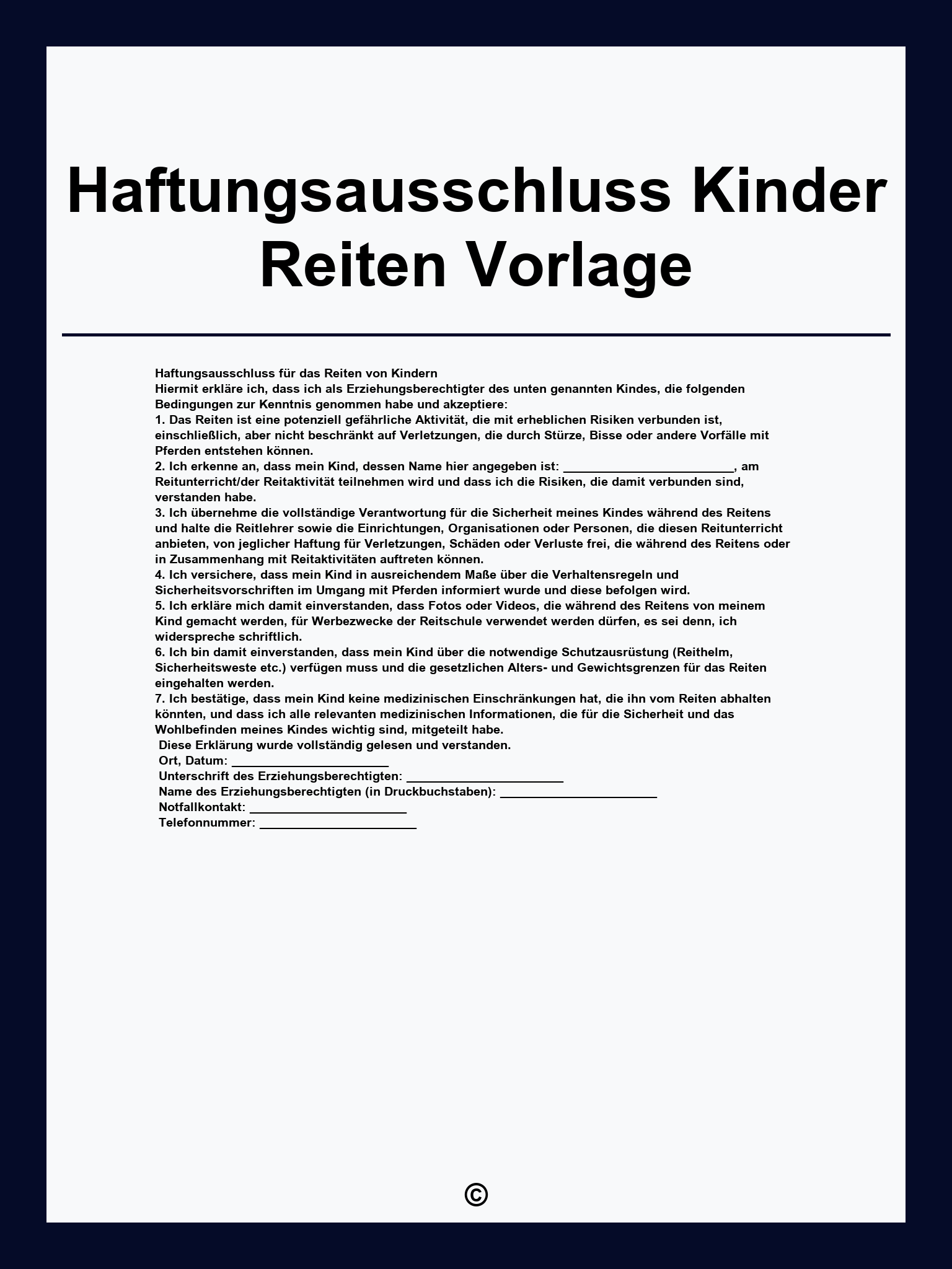 Haftungsausschluss Kinder Reiten Vorlage