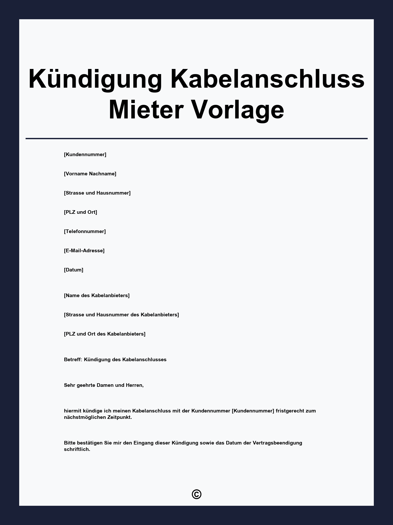 Kündigung Kabelanschluss Mieter Vorlage