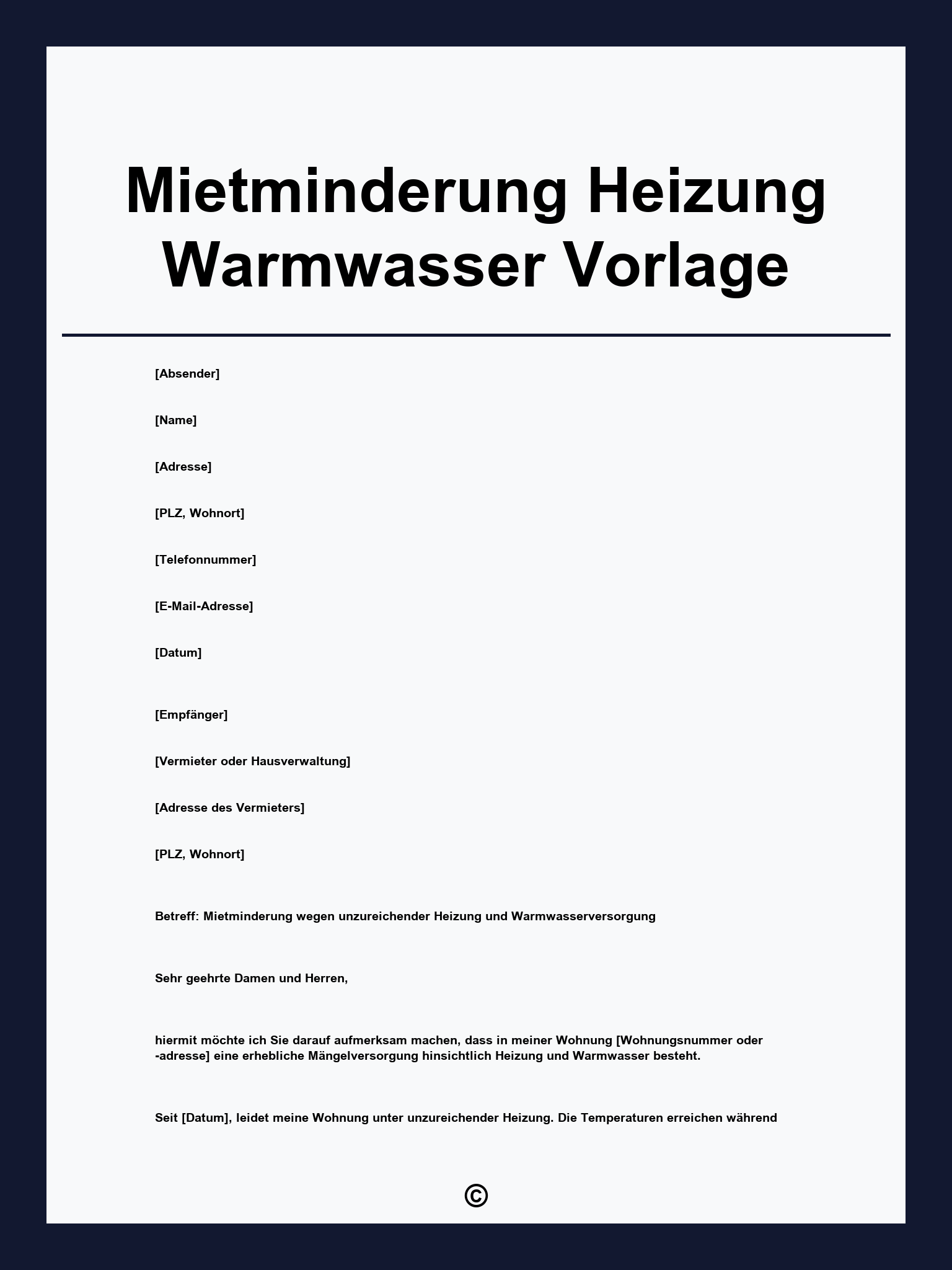 Mietminderung Heizung Warmwasser Vorlage