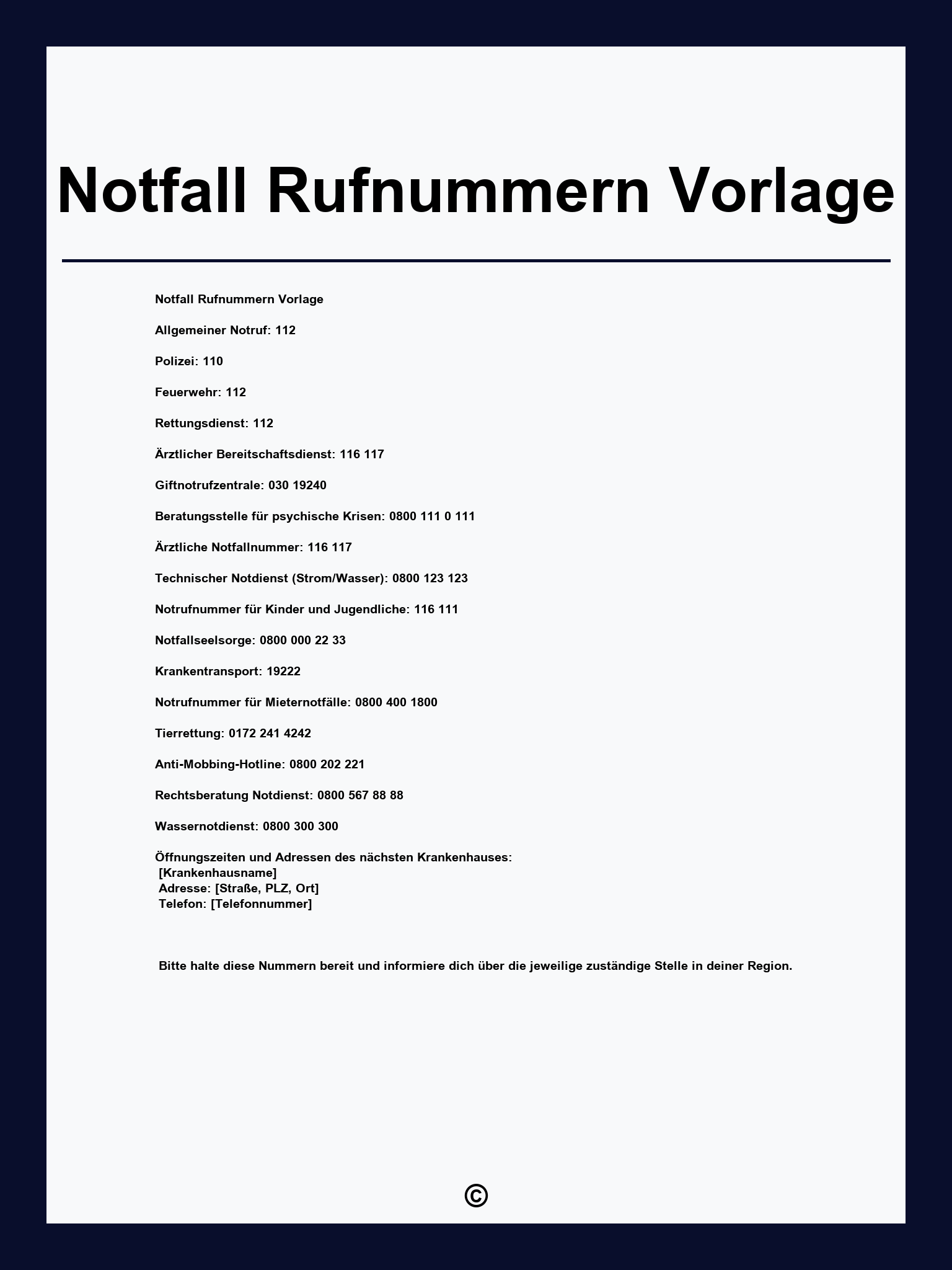 Notfall Rufnummern Vorlage