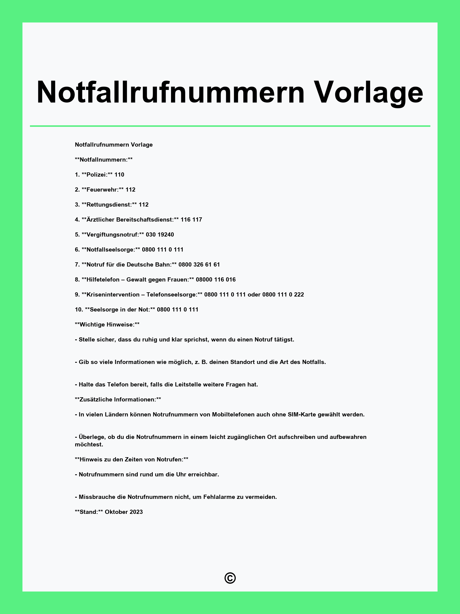 Notfallrufnummern Vorlage