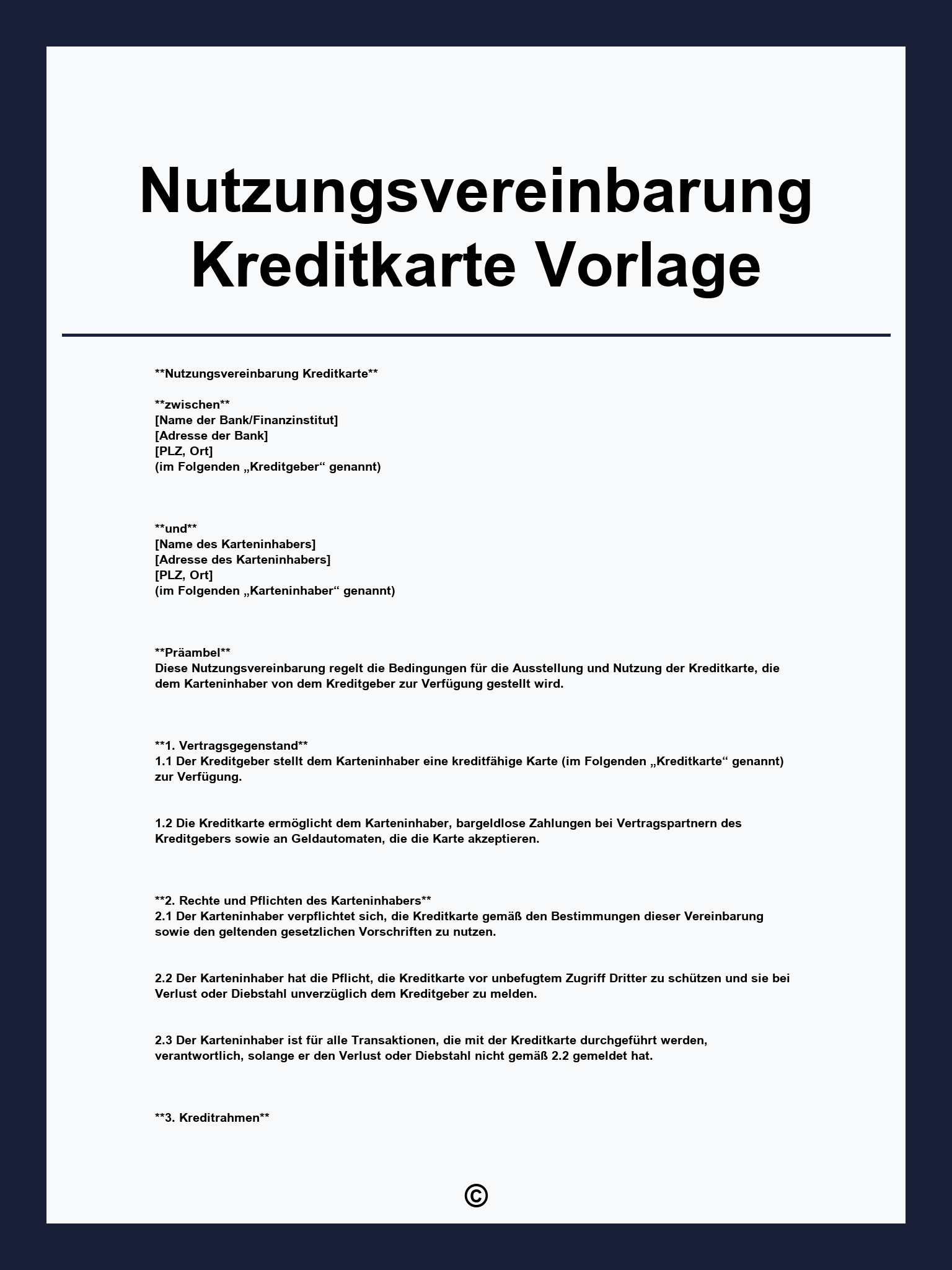 Nutzungsvereinbarung Kreditkarte Vorlage