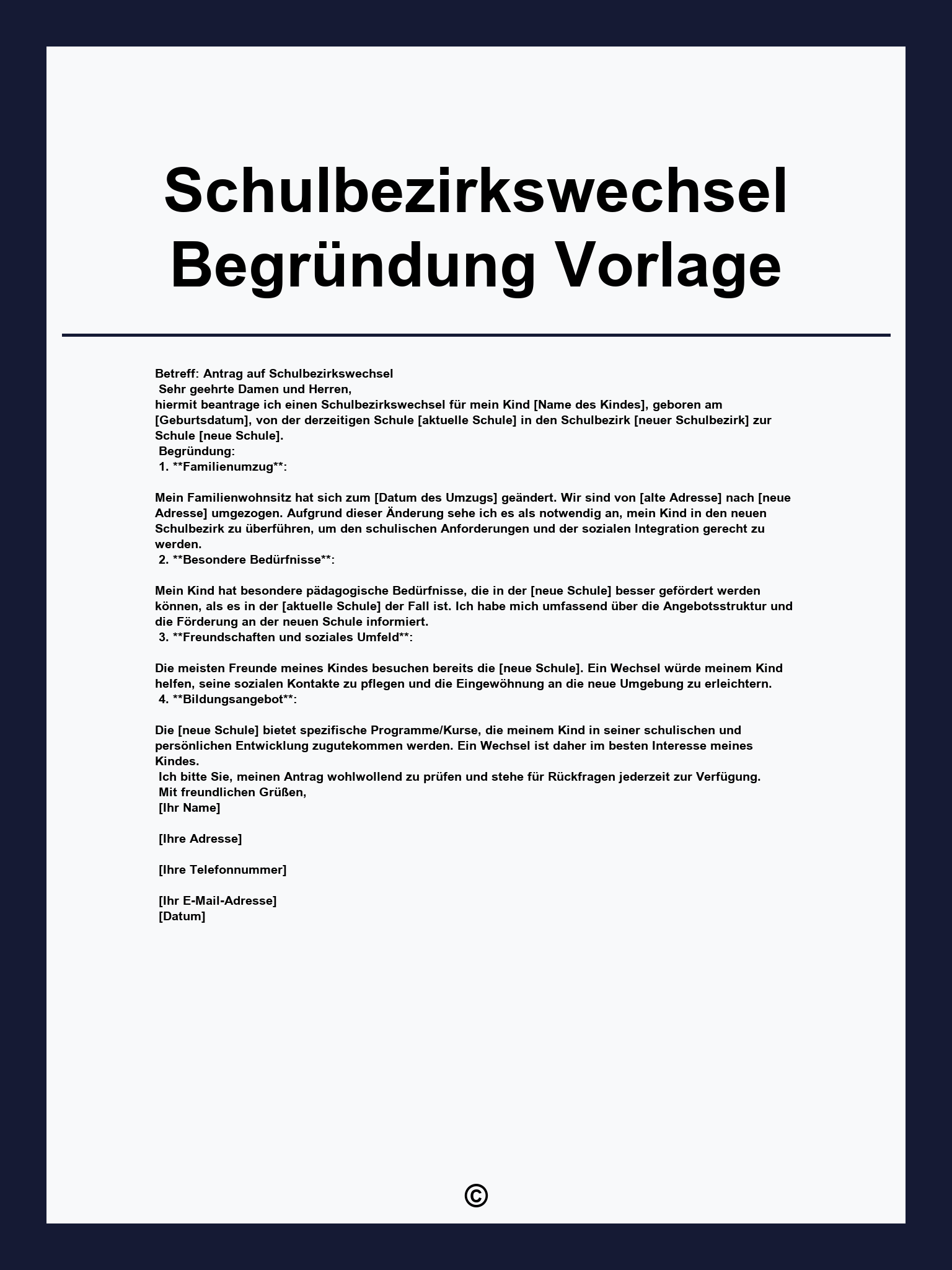 Schulbezirkswechsel Begründung Vorlage