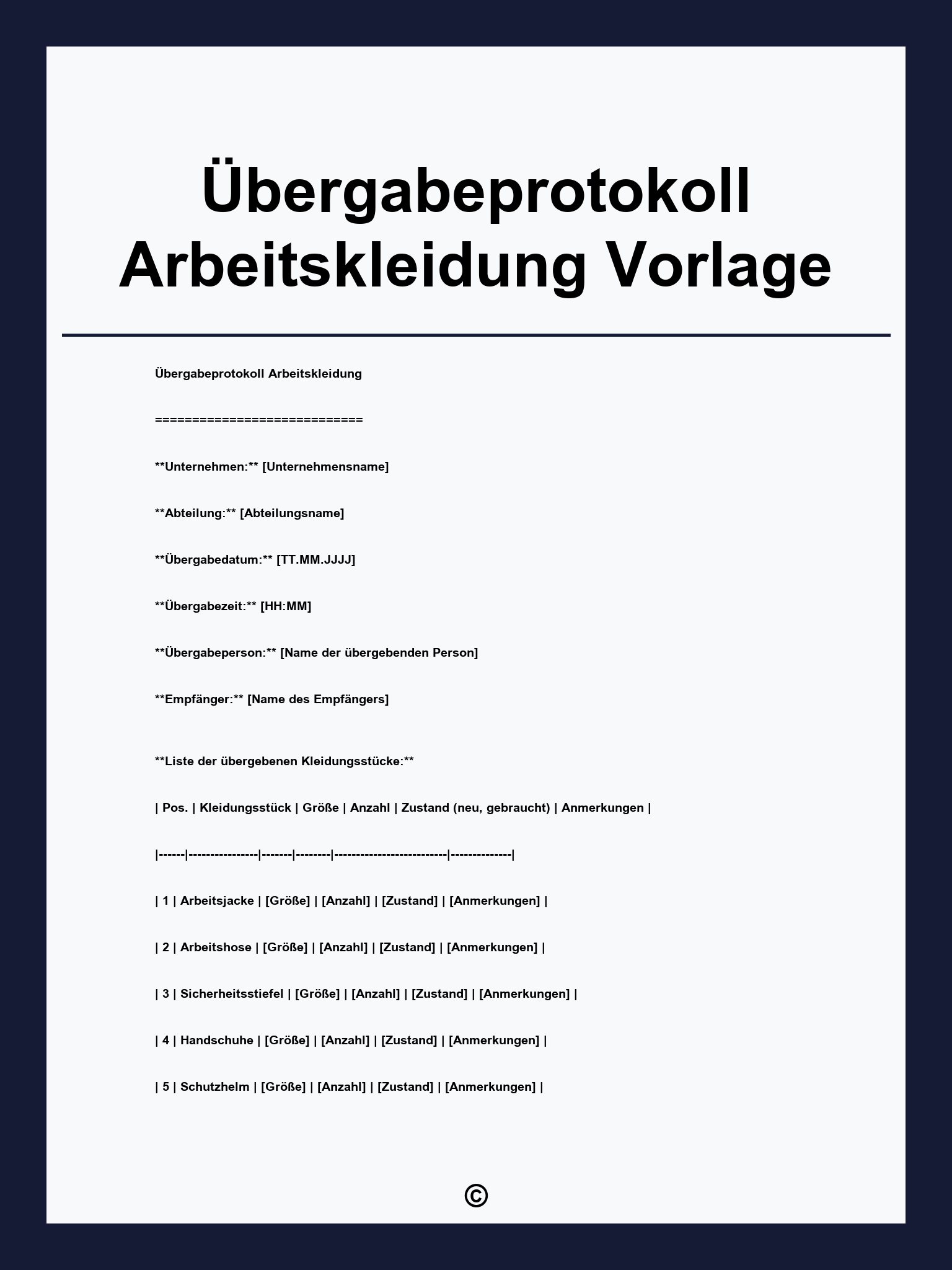 Übergabeprotokoll Arbeitskleidung Vorlage