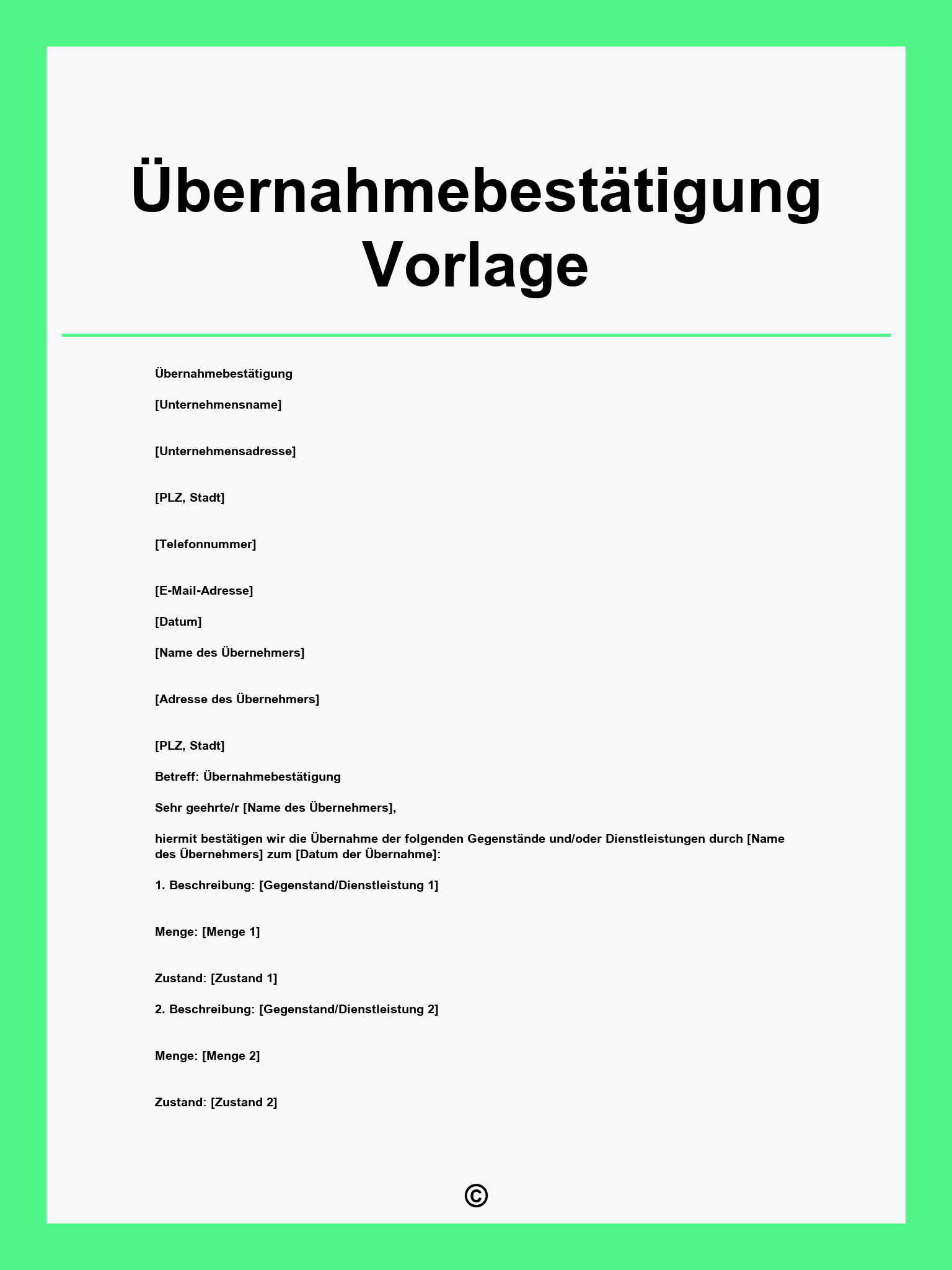 Übernahmebestätigung Vorlage