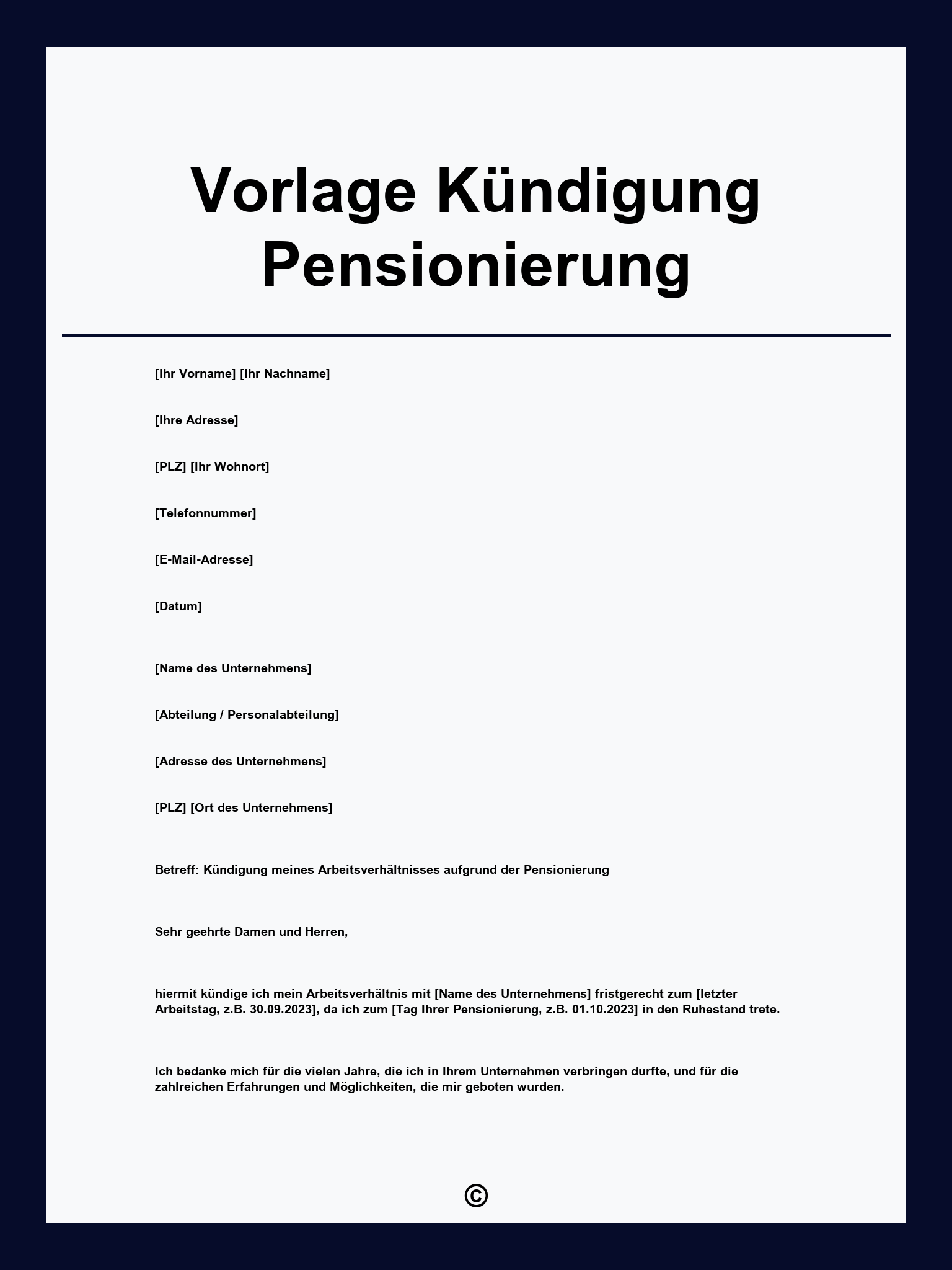 Vorlage Kündigung Pensionierung