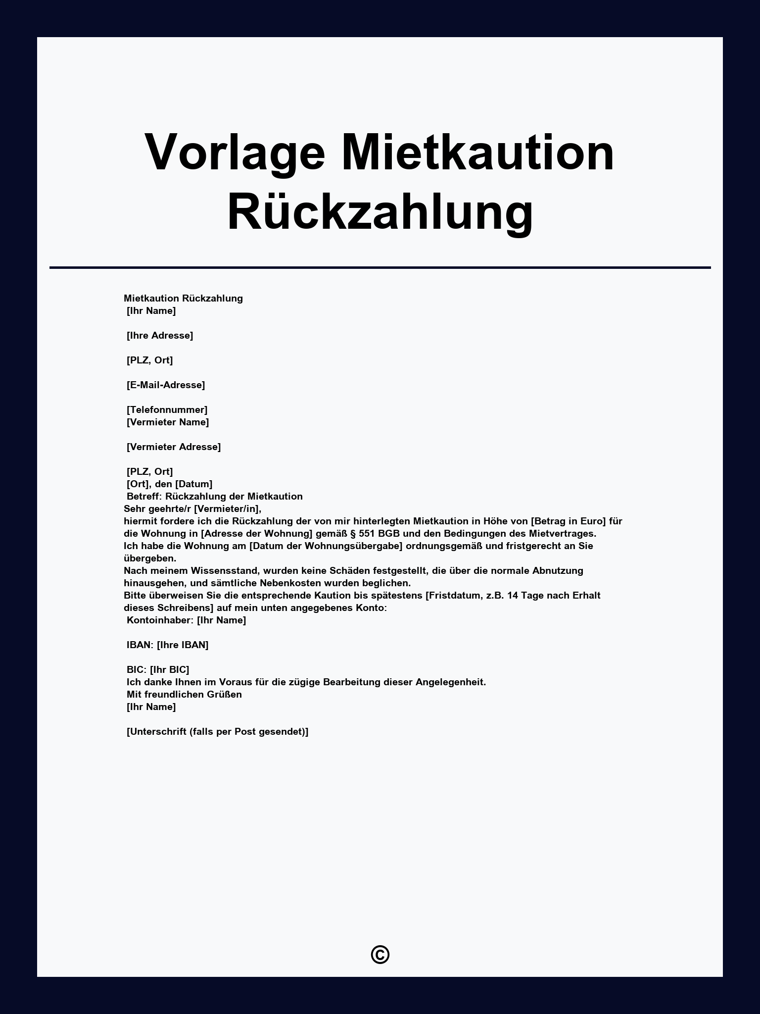 Vorlage Mietkaution Rückzahlung