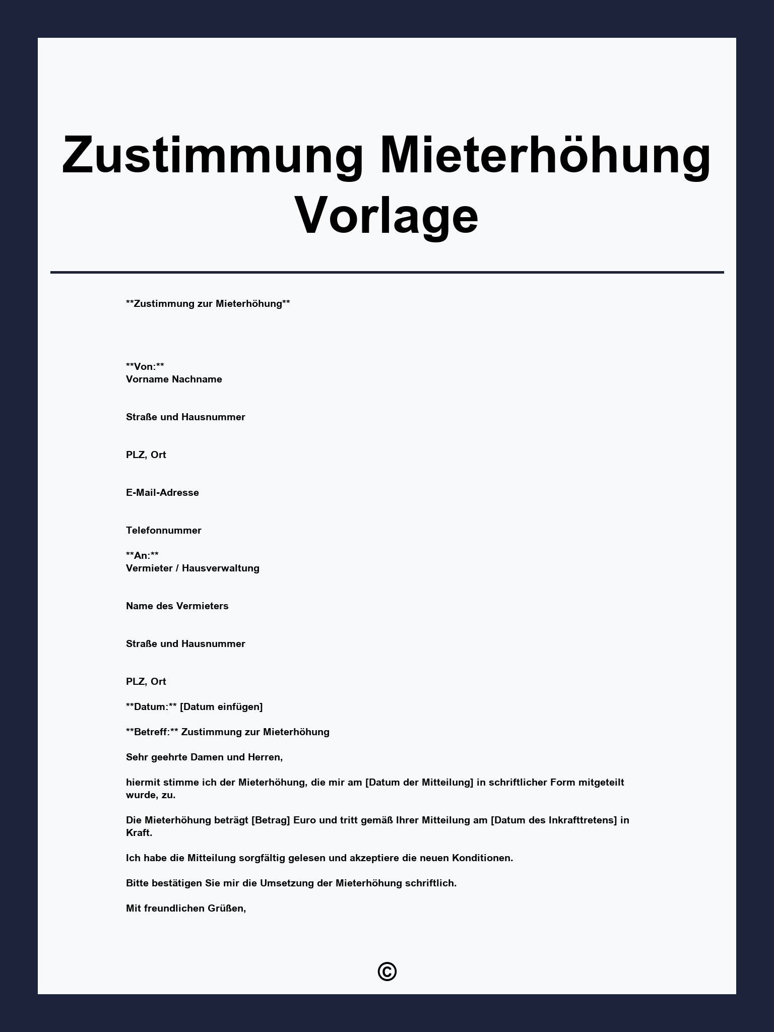 Zustimmung Mieterhöhung Vorlage